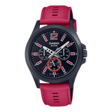 Casio, Men's Watch Analog,Black Dial Red Leather Band, MTP-E350BL-1BVD