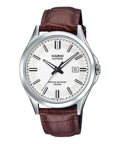 Casio, Men’s Watch Analog, White Dial Brown Leather Band, MTS-100L-7AVDF