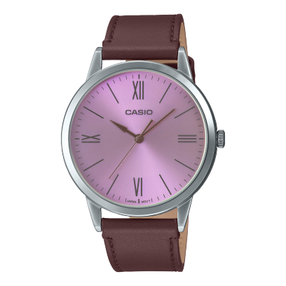 Casio,Men's Watch Analog,Pink Dial Brown Leather Band, MTP-E600L-5BDF