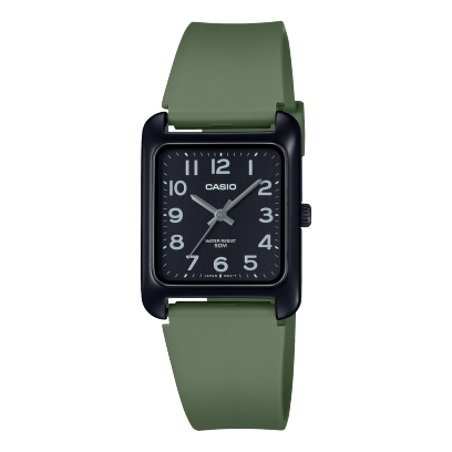 Casio men analog watch, black dial with green resin strap, model CS-MTP-B175-3BVDF, Bahrain