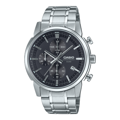 Casio men analog watch, black dial with silver stainless steel band, model CS-MTP-E510D-1A1VDF, Bahrain