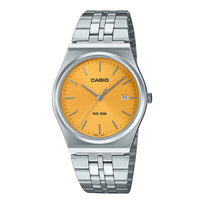Casio men analog watch, yellow dial with silver stainless steel band, model CS-MTP-B145D-9AVDF, Bahrain