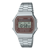 Casio Men's Watch Vintage Collection Digital, Maroon Dial With Silver Stainless Steel Strap, A168WA-5AYDF