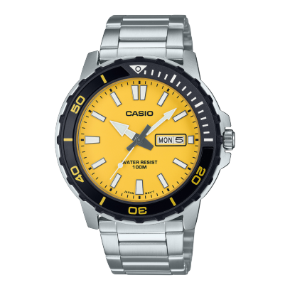 Casio, Men's Watch Analog, Yellow Dial Silver Stainless Band, MTD-125D-9AVDF