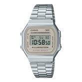 Casio Men's Watch Vintage Collection Digital, Beige Dial With Silver Stainless Steel Strap, A168WA-8AYDF