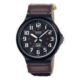 Casio, Men’s Watch Analog, Black Dial Brown Cloth Band, MW-240B-5BVDF