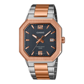 Casio men analog watch, black dial with two toned rose gold and silver stainless steel strap, model CS-MTP-B195RG-2AVDF, Bahrain