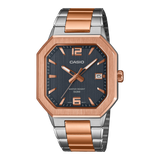 Casio men analog watch, black dial with two toned rose gold and silver stainless steel strap, model CS-MTP-B195RG-2AVDF, Bahrain