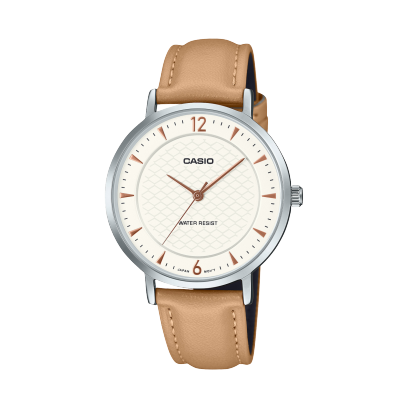 Casio men analog watch, white dial with brown leather strap, model CS-LTP-VT04L-7A1DF, Bahrain