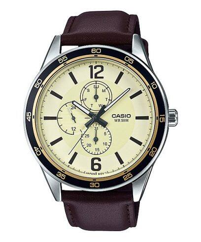 Casio men analog watch, beige dial with comfortable strap, model CS-MTP-E319L-9BVDF, Bahrain