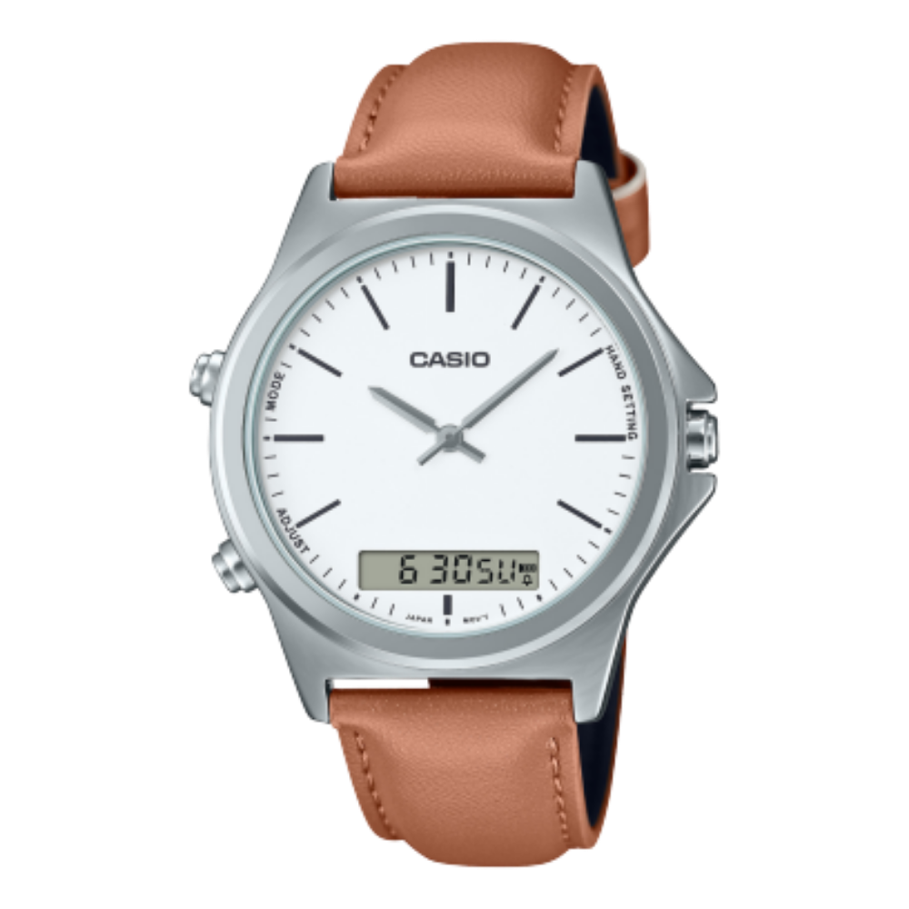 Casio, Men’s Watch Analog-Digital, White Dial Brown Leather Band, MTP-VC01L-7EUDF