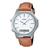 Casio, Men’s Watch Analog-Digital, White Dial Brown Leather Band, MTP-VC01L-7EUDF