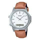 Casio, Men’s Watch Analog-Digital, White Dial Brown Leather Band, MTP-VC01L-7EUDF