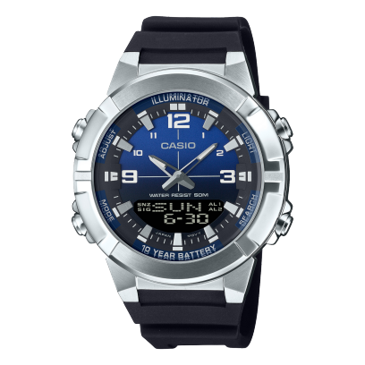 Casio men analog watch, blue dial with black resin band, model CS-AMW-870A-2AVDF, Bahrain