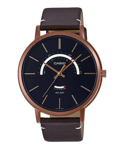 Casio, Men’s Watch Analog, Black Dial Brown Leather Band, MTP-B105RL-1AVD