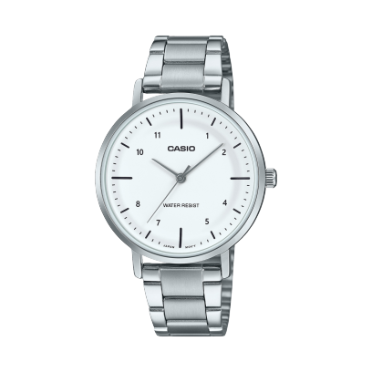 Casio men analog watch, white dial with silver stainless steel band, model CS-LTP-VT03D-7BDF, Bahrain
