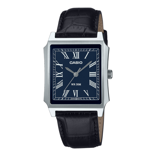 Casio men analog watch, blue dial with leather strap, model CS-MTP-B190L-2BVDF, Bahrain