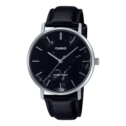 Casio men analog watch, black dial with black leather strap, model CS-MTP-VT01LM-1AUDF, Bahrain