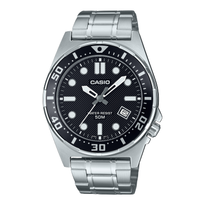 Casio men analog watch, black dial with silver stainless steel band, model CS-MTD-135D-1AVDF, Bahrain