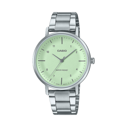 Casio men analog watch, green dial with silver stainless steel band, model CS-LTP-VT03D-3BDF, Bahrain