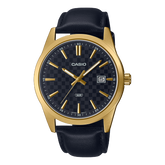 Casio, Men’s Watch Analog,Black Dial Black Leather Band, MTP-VD03GL-1