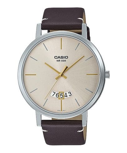 Casio, Men’s Watch Analog, Beige Dial Brown Leather Band, MTP-B100L-9EVDF