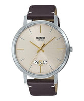 Casio, Men’s Watch Analog, Beige Dial Brown Leather Band, MTP-B100L-9EVDF