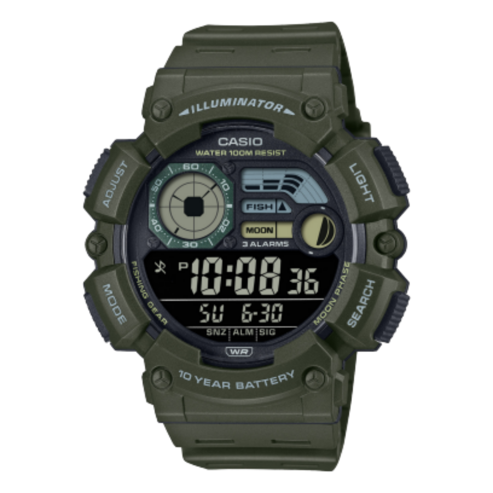 Casio Men's Watch Digital Black Dial With Green Resin Band, WS-1500H-3BVDF