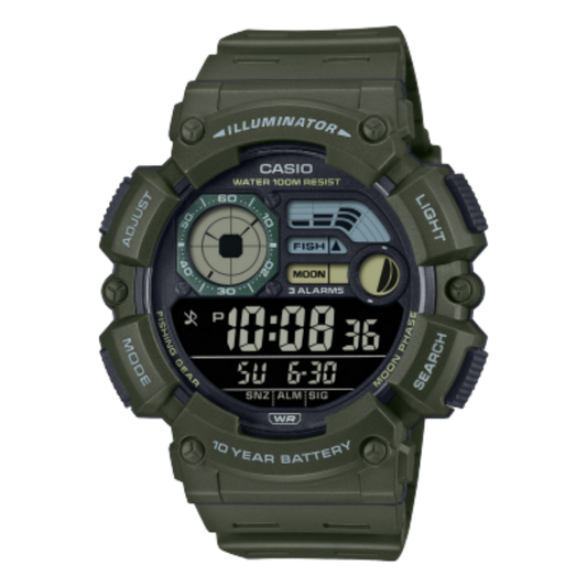 Casio men analog watch, black dial with green resin band, model CS-WS-1500H-3BVDF, Bahrain