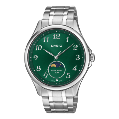 Casio men analog watch, green dial with stainless steel band, model CS-MTP-M110D-3AVDF, Bahrain