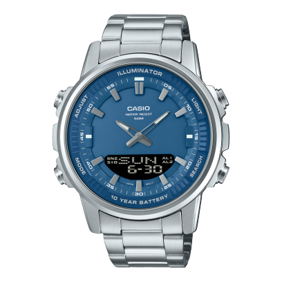Casio men analog watch, blue dial with silver stainless steel band, model CS-AMW-880D-2A1VDF, Bahrain
