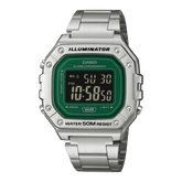 Casio Men's Digital Watch Green Dial with Silver Stainless Steel Band, W-218HD-3AVDF