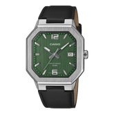 Casio men analog watch, green dial with leather strap, model CS-MTP-B195L-3AVDF, Bahrain