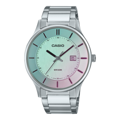 Casio,Men's Watch Analog,Blue & Pink Dial Silver Stainless Steel  Band, MTP-E605D-7E
