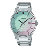 Casio,Men's Watch Analog,Blue & Pink Dial Silver Stainless Steel  Band, MTP-E605D-7E