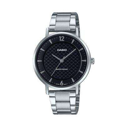 Casio men analog watch, black dial with silver stainless steel band, model CS-LTP-VT04D-1ADF, Bahrain