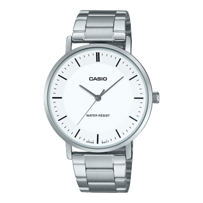 Casio men analog watch, white dial with silver stainless steel band, model CS-MTP-VT04D-7EDF, Bahrain