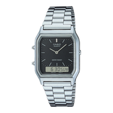Casio Vintage Unisex Watch Analog-Digital Black Dial With Silver Stainless Steel Band, AQ-230A-1DMQD