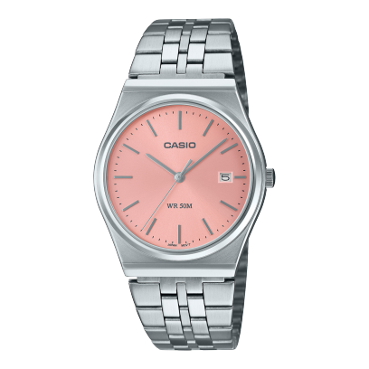 Casio unisex analog watch, pink dial with silver stainless steel band, model CS-MTP-B145D-4AVDF, Bahrain