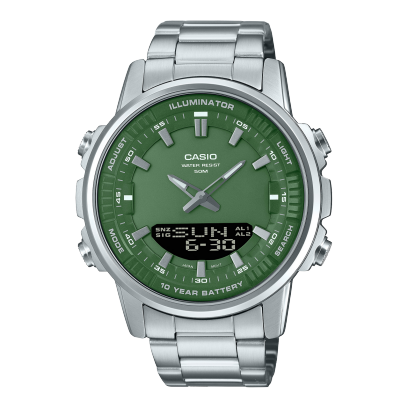 Casio men analog watch, green dial with silver stainless steel band, model CS-AMW-880D-3AVDF, Bahrain
