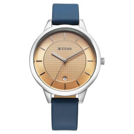 Titan Women Analog Watch Peach Dial with Blue Leather Strap, 2617SL08