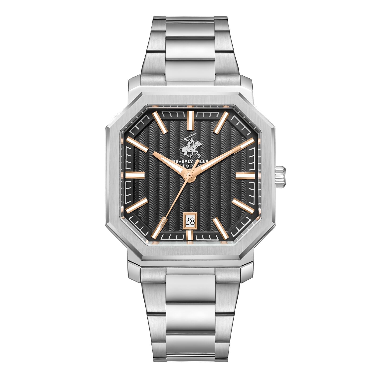 Beverly Hills Polo Club Men's Watch Analog Black Dial with Silver Stainless Steel Band, BP3793X.360