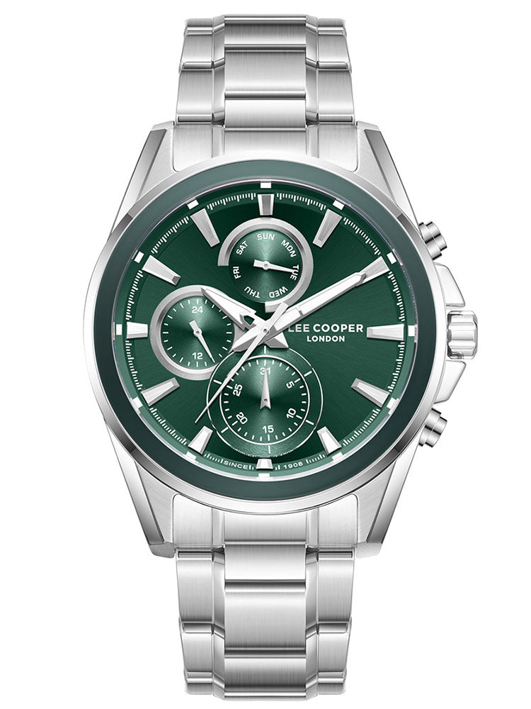 Lee Cooper Men's  Multifunction Watch Dark Green Dial With Silver Metal Band,LC08249.370