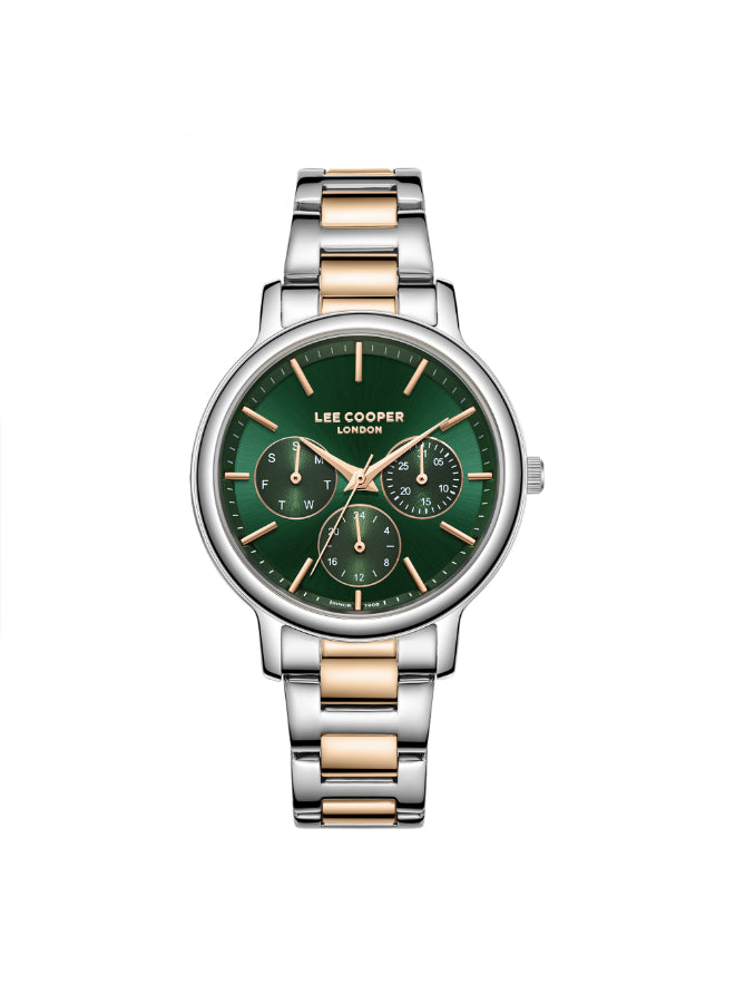 Lee Cooper Women's Multifunction Watch Dark Green Dial With Two Toned Rose Gold And Silver Metal Band,LC07946.590