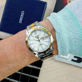 Seiko Men's Mechanical Watch Analog, White Dial with Two Tone Stainless Band, SNKL84K