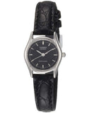Casio, Women’s Watch Analog, White Dial Black Leather Band, LTP-1094E-1ARDF