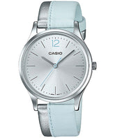 Casio, Women's Watch Fashion Collection Analog, Silver Dial Silver & Blue Leather Band, LTP-E133L-2B1DF