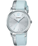 Casio, Women's Watch Fashion Collection Analog, Silver Dial Silver & Blue Leather Band, LTP-E133L-2B1DF