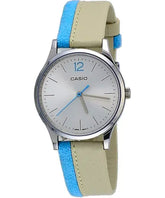 Casio, Women’s Watch Fashion Collection Analog, Silver Dial Blue & White Leather Band, LTP-E133L-7B1DF