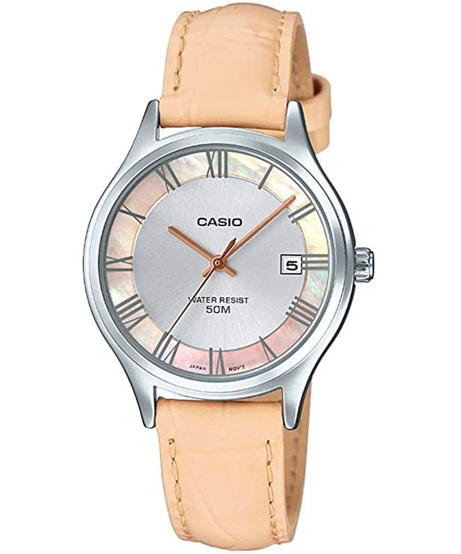 Casio, Women’s Watch Analog, Beige Dial Beige Leather Band, LTP-E142L-7A2VD